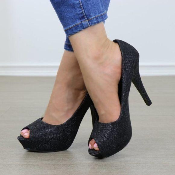 Peep Toe Platform Stiletto Glittery Fabric Heels - Picture 9 of 12